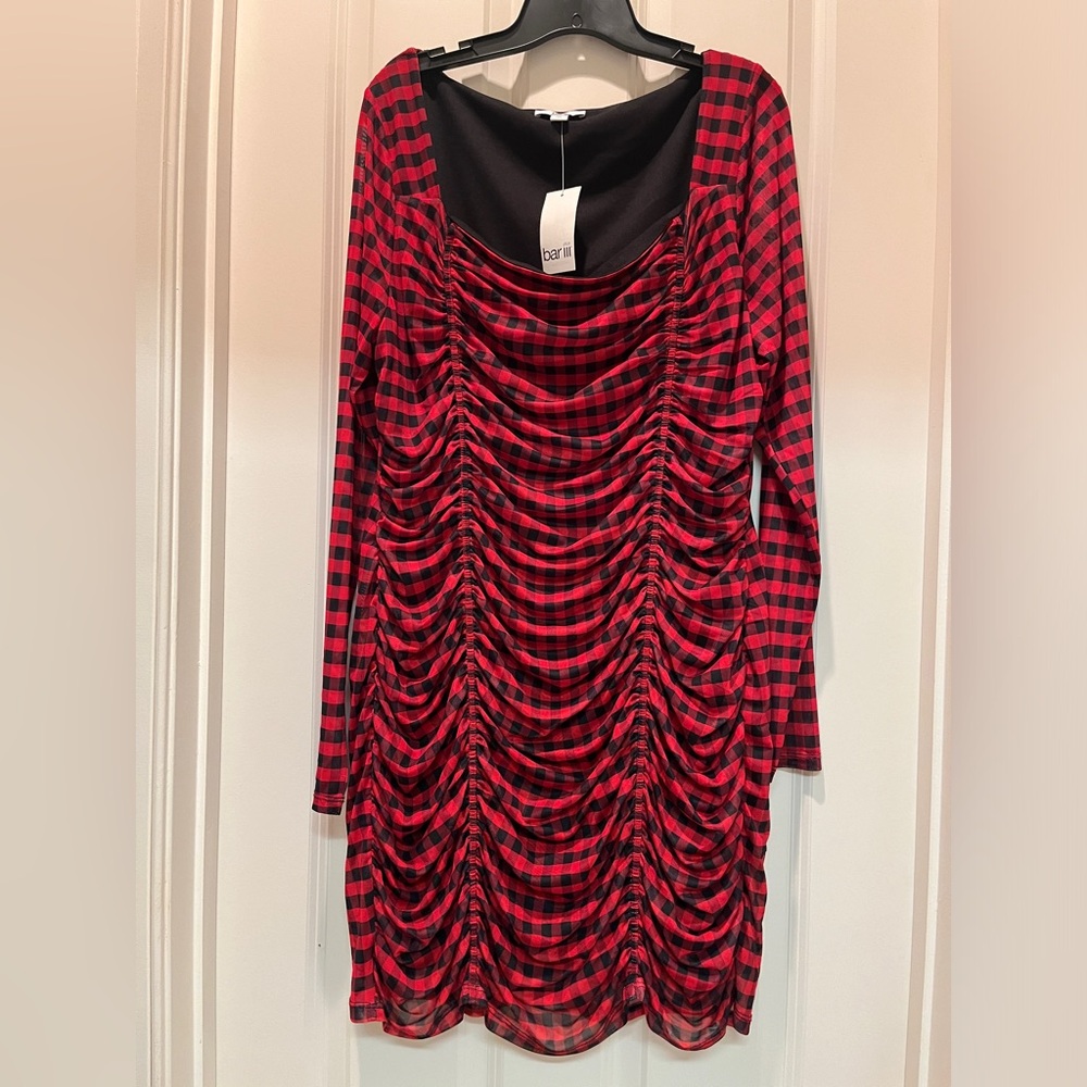 BAR III Sz. 2X Plus Size Checkered Square-Neck Mesh-Overlay Ruched Mini Dress